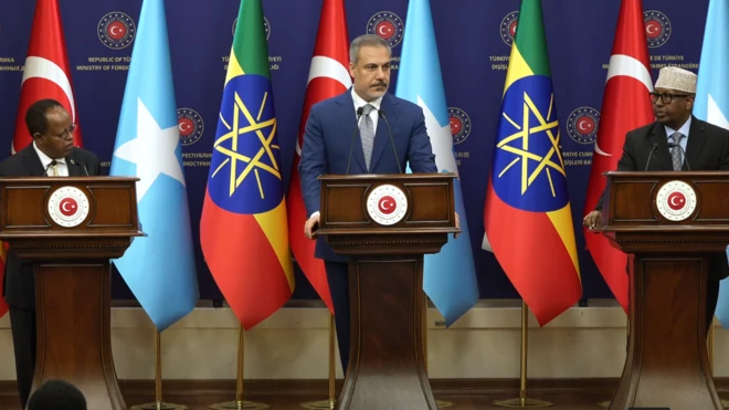 የኢትዮጵያ የውጭ ጉዳይ ሚኒስትር አምባሳደር ታዬ አጽቀ ሥላሴ፣የቱርክ የውጭ ጉዳይ ሚኒስትር ሂካን ፊዳን እና የሶማሊያ የውጭ ጉዳይ ሚኒስትር አህመድ ሞሊም