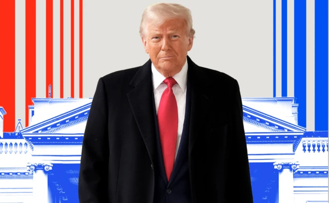 Donald Trump'ın ilk 100 gün haberi için BBC'nin hazırladığı grafik. Trump önde takım elbiseli, arkada mavi tonlarla Beyaz Saray çizimi yer alıyor.