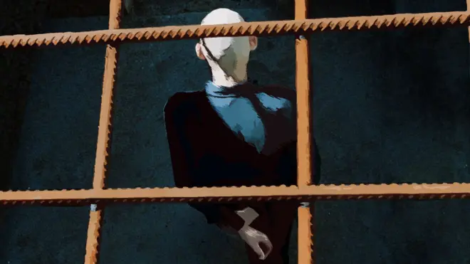 На ілюстрації зображений військовополонений за гратами