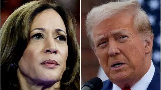 La vice-présidente américaine Kamala Harris à Milwaukee, Wisconsin, États-Unis, le 20 août 2024 et l'ancien président américain Donald Trump à Bedminster, New Jersey, États-Unis, le 15 août 2024 sont vus dans une combinaison de photos d'archives.