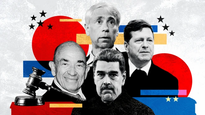 Ông Nicolás Maduro, thẩm phán Alvin Hellerstein, luật sư bào chữa Barry Pollack và công tố viên Jay Clayton.