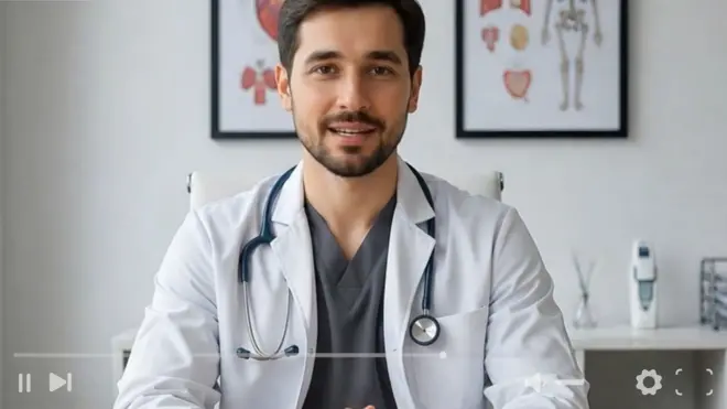 An AI-generated image of a doctor shows him sat in a white lab coat with a stethoscope around his neck. He is sitting in an office environment with images of the human anatomy behind him. He has dark hair and a beard and looks directly into the camera while sitting.