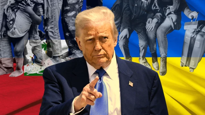 Колаж Трамп і біженці