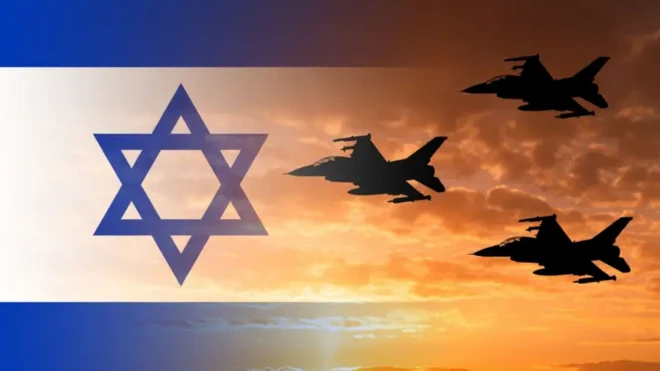 تصویرسازی، سه جت جنگی در غروب آسمان و یک طرف پرچم اسرائیل