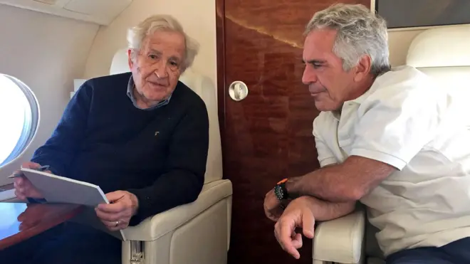 Philosopher Noam Chomsky is seen with late financier and convicted sex offender Jeffrey Epstein seated on a plane in this undated image from the U.S. Justice Department’s file released by House Oversight Committee Democrats in Washington, D.C., U.S., on December 18, 2025.