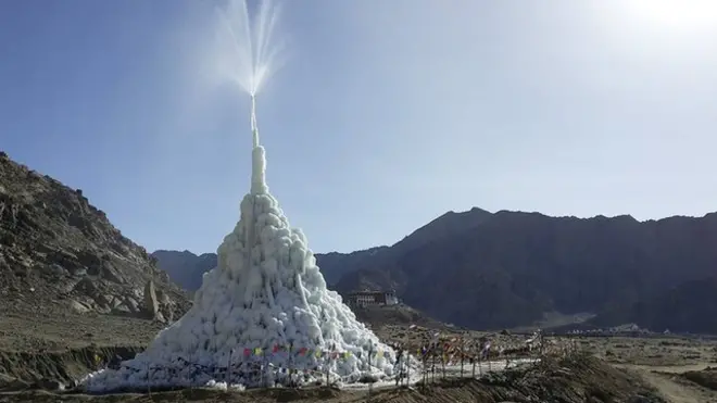 Gravity pressure forces water up through a pipe to form ice stupas that store water for Spring