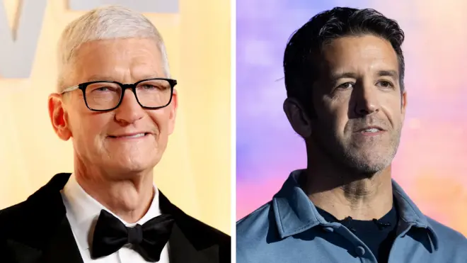 A composite image of Tim Cook wearing a black tuxedo with bow tie and John Ternus wearing a blue shirt over a black t-shirt
