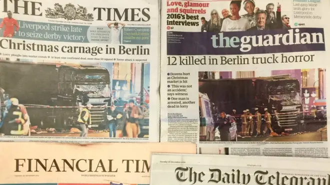 英国绝大多数媒体都在头版刊登冲入柏林一个圣诞市场上的卡车