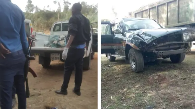 የዲፕ ካማራ እና የሹፌራቸው አስክሬን (ግራ) እና ሲጓዙበት የነበረው መኪና (ቀኝ)