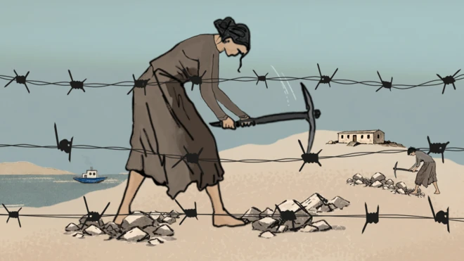 Жена у сивој хаљини на острву туца камен