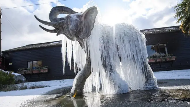 کولچسیٹر کے چڑیا گھر میں ہاتھی کا مجسمہ جم گیا۔ یہ برطانیہ میں موسمِ سرما کا سب سے سرد ہفتہ قرار دیا جا رہا ہے