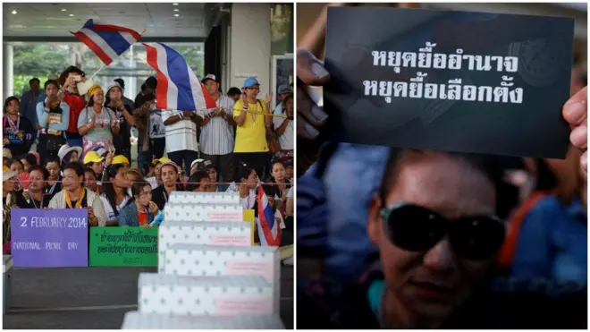 แนวร่วม กปปส. ปิดคูหาเลือกตั้งปี 2557 (ซ้าย) ประชาชนร่วมกิจกรรมที่ลานกายวอล์ค เรียกร้องให้เลือกตั้งใน พ.ย. 2561 (ขวา)