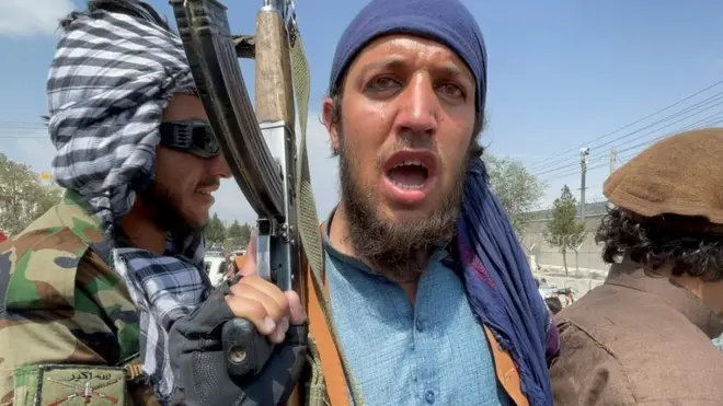 Taliban forces patrol near Kabul airport earlier this month. The group once shunned technology but is now embracing social media.