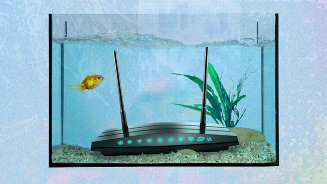 Концептуальна ілюстрація бездротового Wi-Fi роутера, розміщеного всередині акваріума, заповненого водою