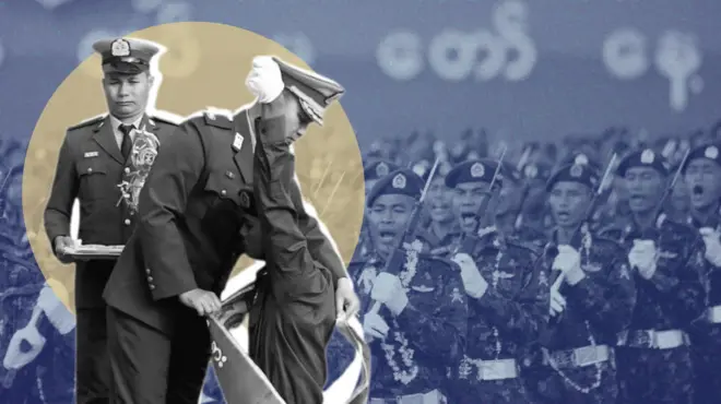 စစ်မှုထမ်းသင်တန်းဆင်းပွဲတစ်ခုက သင်တန်းသားတစ်ဦးကို ဆုချီးမြှင့်နေပုံနဲ့ တပ်မတော်နေ့ စစ်ရေးပြပွဲမြင်ကွင်းတစ်ခု 