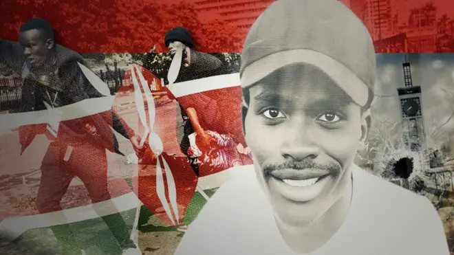 Ifoto ifatanyije igaragaza abigaragambya muri Kenya, ibendera rya Kenya, hamwe n'ifoto y'umukara n'umweru ya Eric Shieni, wishwe arashwe hanze y'inteko ishingamategeko ku itariki ya 25 Kamena (6) mu 2024