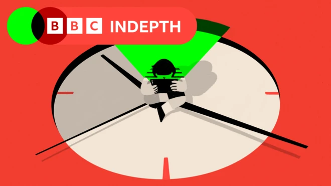 An illustration of a child in a clock, with a tablet held to their face