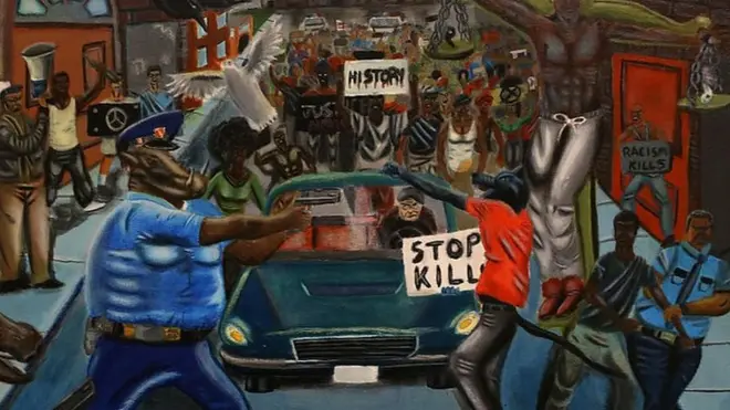 The painting depicts two police officers as pigs, and a protester as a wolf