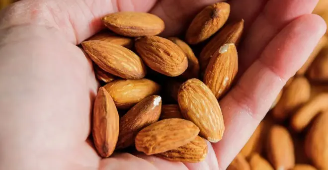 Bir avuç badem tutan bir eli yakından görüyoruz.