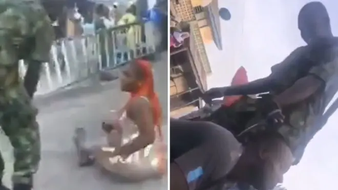 Soja wey dey flog young lady and shave young man head