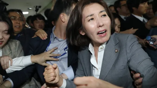 패스트트랙을 둘러싸고 국회 폭력 사태 중 비명지르는 자유한국당 나경원 원내대표