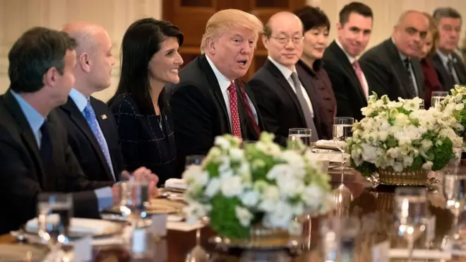 В начале обеда с представителями Совбеза Трамп заявил, что представитель США Никки Хейли рассказала ему о каждом из гостей, и что "они все ему нравятся"