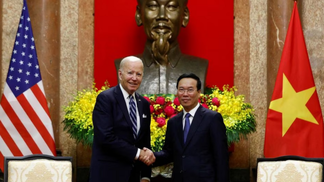 Tổng thống Mỹ Joe Biden gặp Chủ tịch nước Việt Nam Võ Văn Thưởng tại Phủ Chủ tịch ở Hà Nội ngày 11/9/2023