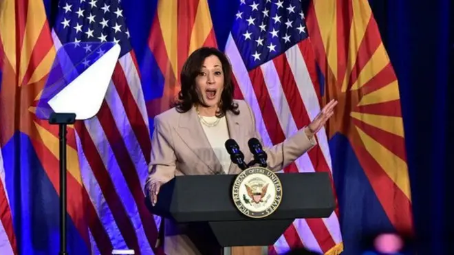 US Vice President Kamala Harris speaks on reproductive freedom at El Rio Neighborhood Center in Tucson, Arizona, on April 12, 2024