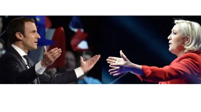 Marine Le Pen (i buryo) azohangana na Emmanuel Macron (i bubamfu) mu matora ya kabiri
