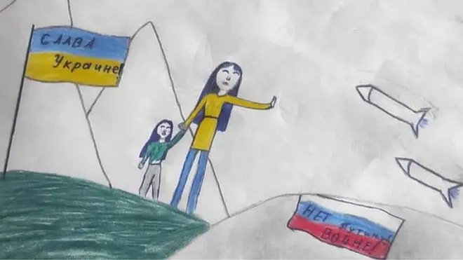 An anti-war drawing by 12-year-old Masha appears to show a Ukrainian woman with a child holding up a hand to say no as Russian missiles approach