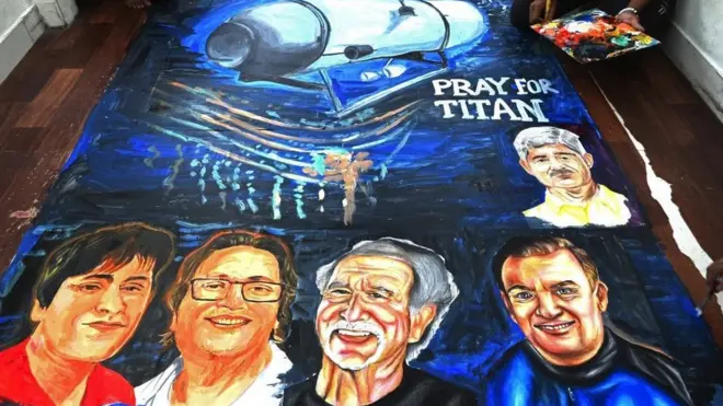 Artwork by students in India saying: 'Pray for Titan' depicts five people aboard the missing Titanic sub