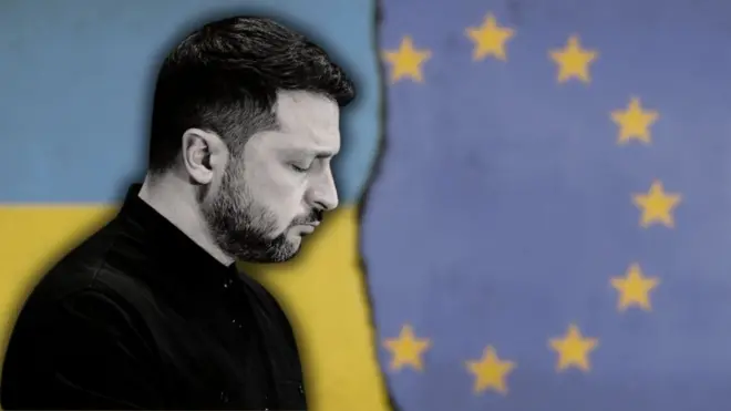 Колаж: Зеленський на тлі прапорів України та ЄС