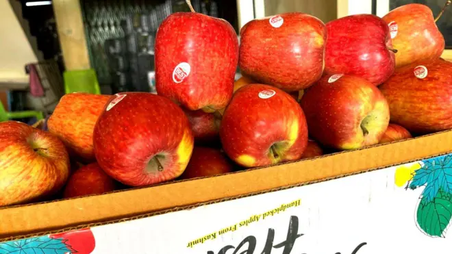 सेब की पेटी पर रखे सेब