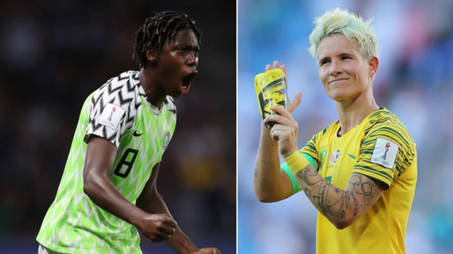 Nigeria forward Asisat Oshoala and South Africa defender Janine Van Wyk