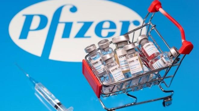 A small shopping basket filled with vials labeled "COVID-19 - Coronavirus Vaccine" and a medical sryinge are placed on a Pfizer logo