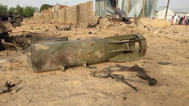 Graphic content of one bomb from air strike by di Nigerian airforce lie down for ground afta cross fire between di military and Boko Haram Islamists for Maiduguri, on April 27, 2018