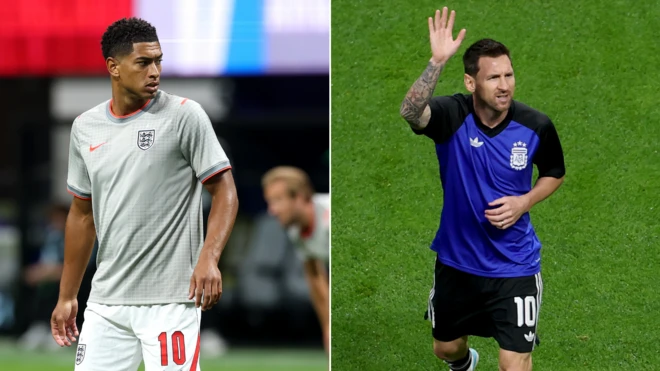 Messi e Bellingham em campo para semifinal Argentina x Inglaterra na Copa