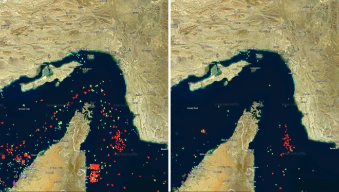 හෝමුස් සමුද්‍ර සන්ධියේ සැටලයිට් ෆොටෝ දෙකක් මෙහි ඇති අතර එකක ඉරාන යුද්ධය ආරම්භයට පෙර නැව් මාර්ගය කාර්යබහුලව පවතින අකාරයටැහැ අනෙක් ෆොටෝ එකේ දැන් එම නැව් මාර්ගය පාළු ස්වභාවයක් ගෙන ඇති ආකාරයත් පෙනේ.
