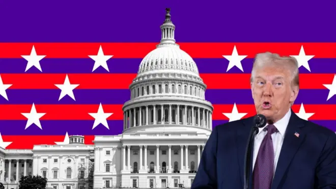 Graphic of US capitol in front of red and purple striped design with Donald Trump image by the side