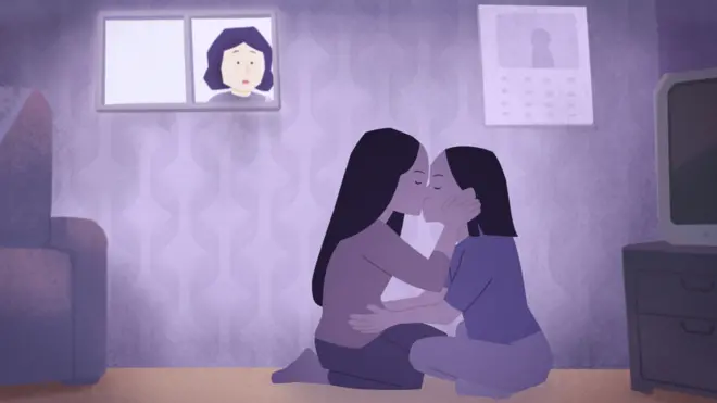 dve zene se ljube u sobi, ilustracija 