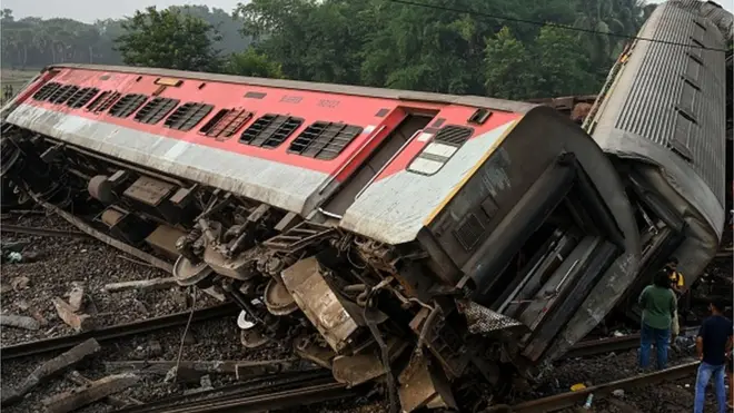 Damaged carriages are seen at the accident site of a three-train collision near Balasore, about 200 km (125 miles) from the state capital Bhubaneswar in the eastern state of Odisha, on June 3, 2023