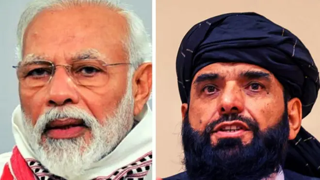 भारत के प्रधानमंत्री नरेंद्र मोदी और तालिबान प्रवक्ता सुहैल शाहीन