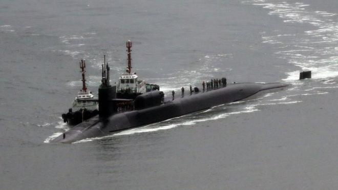 The USS Michigan, an Ohio-class nuclear-powered submarine, arrives at a naval base in Busan, South Korea, 25 April 2017