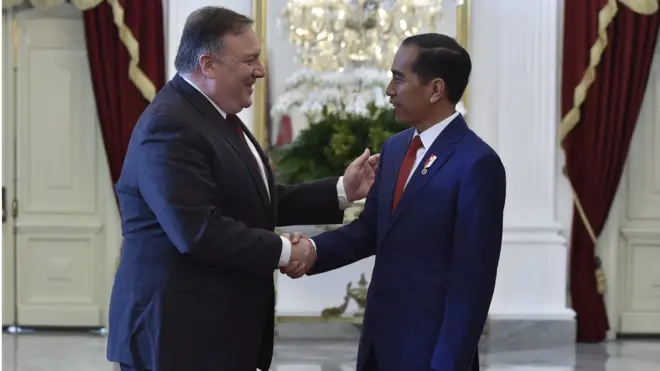 Presiden Joko Widodo bertemu dengan Menlu AS Mike Pompeo di Istana Merdeka pada Minggu (05/08).