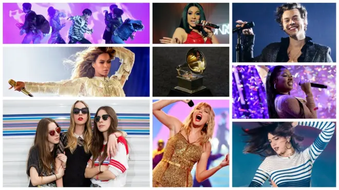 Some of 2021's major Nominees (clockwise from top left): BTS, Cardi B, Harry Styles, Megan Thee Stallion, Dua Lipa, Taylor Swift, Haim and Beyoncé
