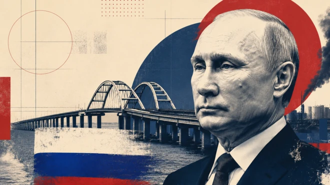 Стилізований портрет Володимира Путіна. На тлі - Кримський міст, промисловий пейзаж із силуетами нафтобаз і димом, інтегровані у композицію без фотографічної склейки.
