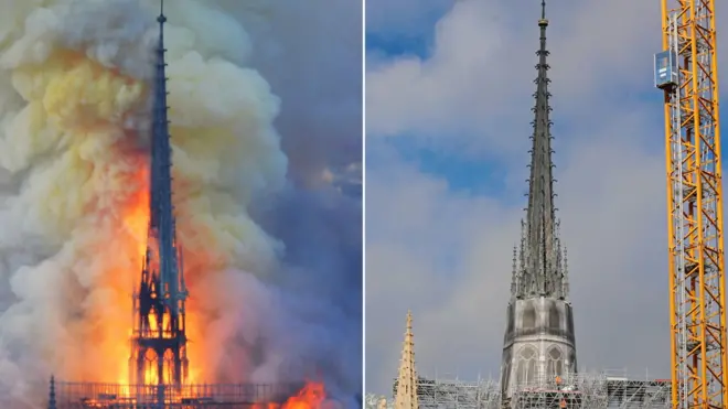 노트르담 대성당의 화재 당시 모습과 복원 후 모습