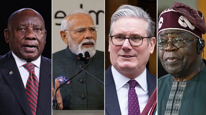 Foto of Cyril Ramaphosa president of South Africa, Indian Prime Minister Narendra Modi, UK Prime minister Keir Starmer and President of Nigeria Bola Tinubu.
