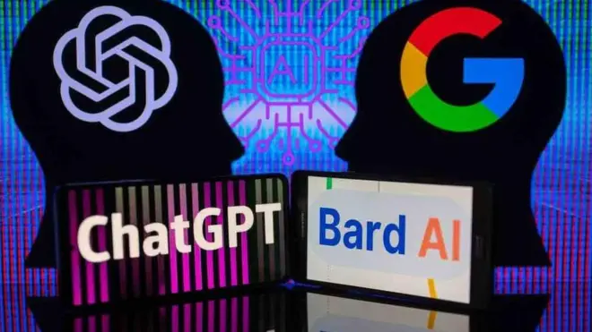 Google Bard VS OpenAI ChatGPT displayed on Mobile with Openai and Google logo on screen seen in this photo illustration