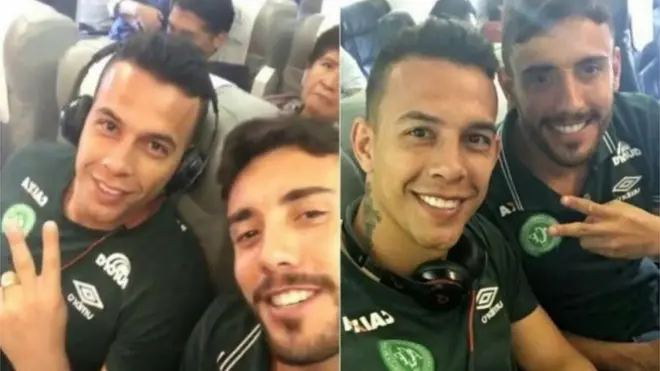 Los futbolistas del Chapecoense Marcos Danilo Padilha y Alan Ruschel publicaron estas imágenes en Twitter antes de despegar.